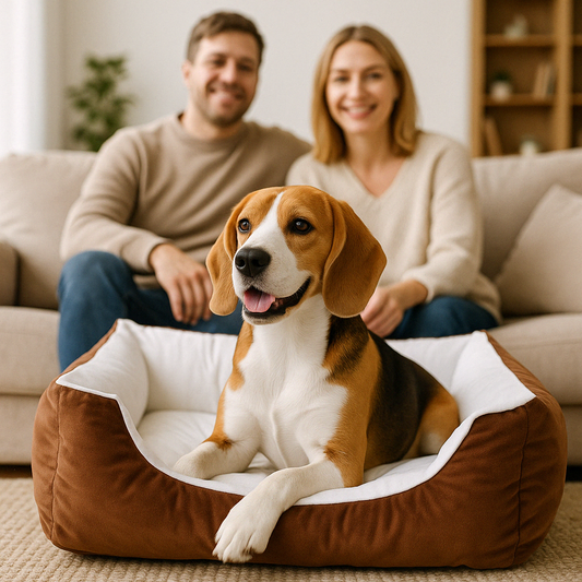 Canape lit pour chien marron blanc avec chien de chasse et ses maitres derriere