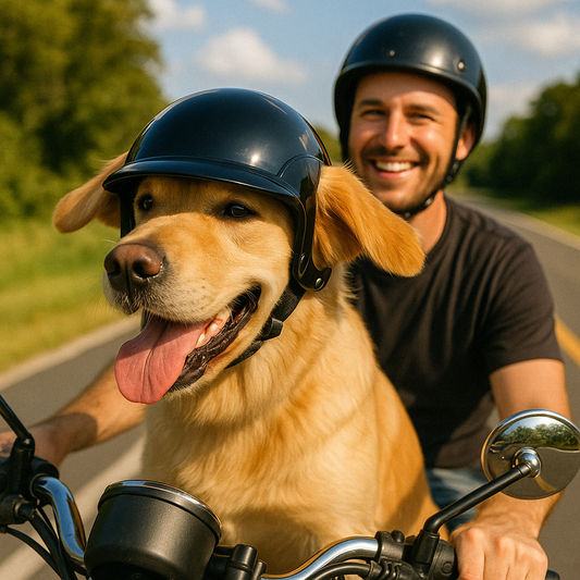 Casque de moto Noir pour chien avec son maitre derriere sur la moto