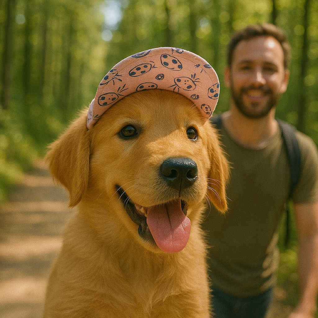 Casquette pour chien anti soleil blanc ou bleu blanc chiot labrador en foret avec son maitre