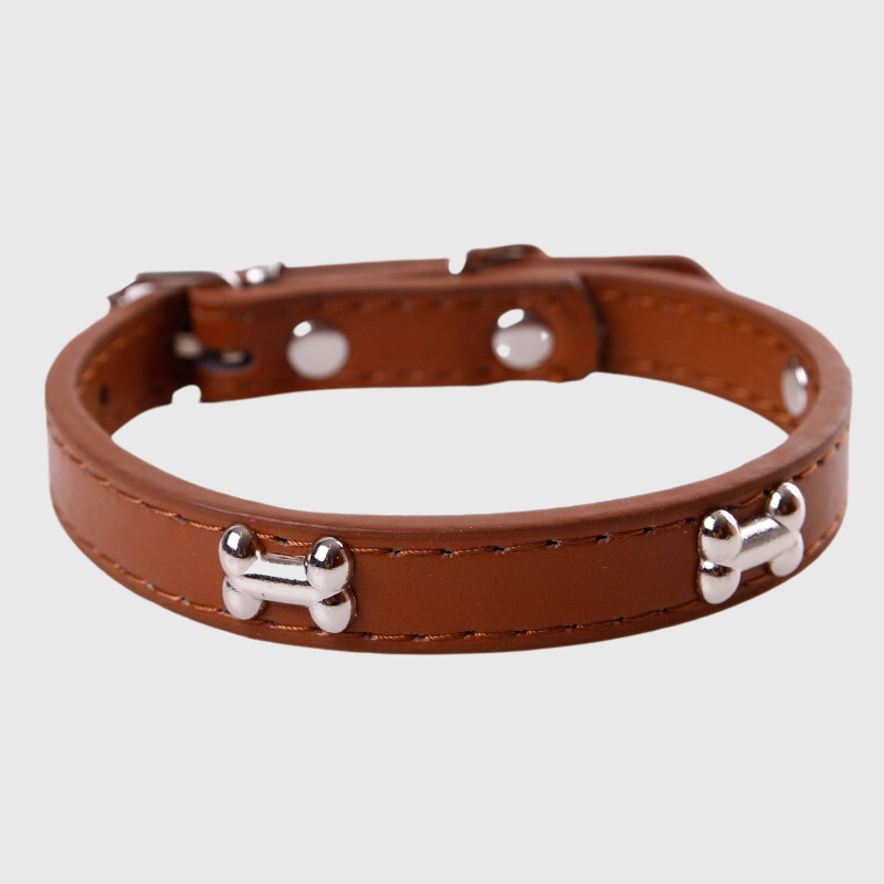 Collier en cuir pour chien motif os marron
