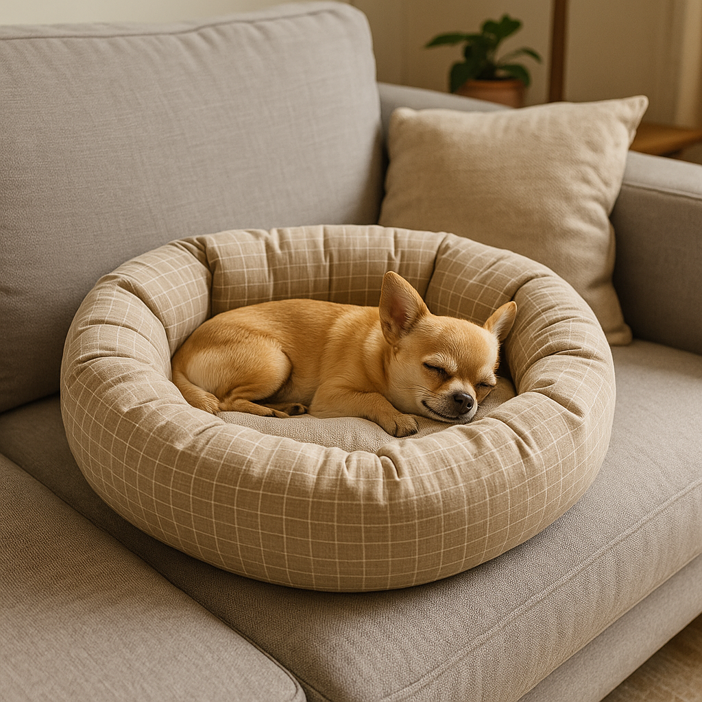 Coussin rond pour chien avec chihuahua dedans