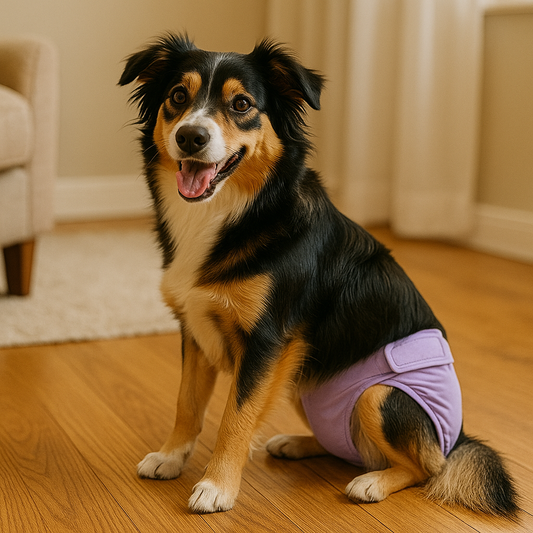 Culotte élastique pour chien dans un salon avec sa culotte sur elle directement