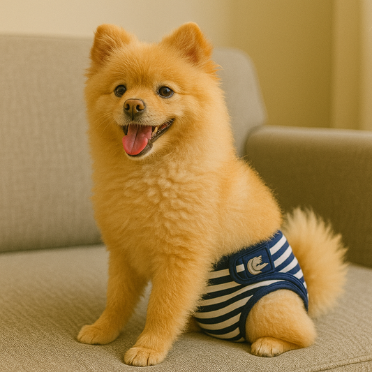 Culotte pour chienne sur son canapé