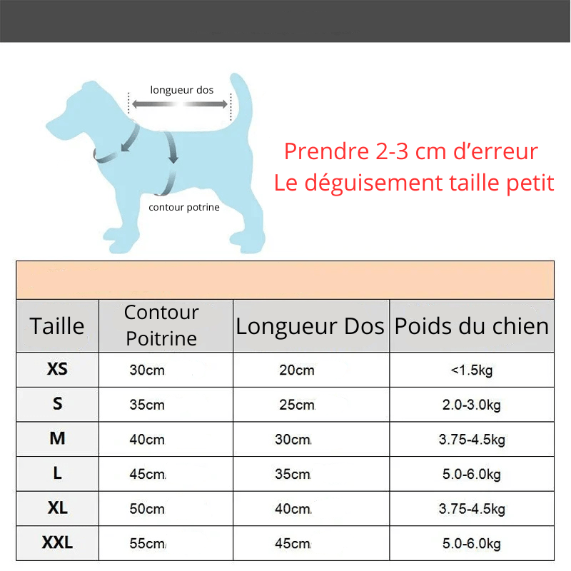 Deguisement petit chien guide des tailles