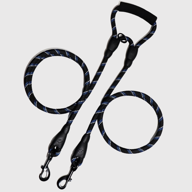 Double laisse pour deux chiens noir bleu