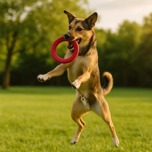 Frisbee pour chien indestructible avec chien dans un parc