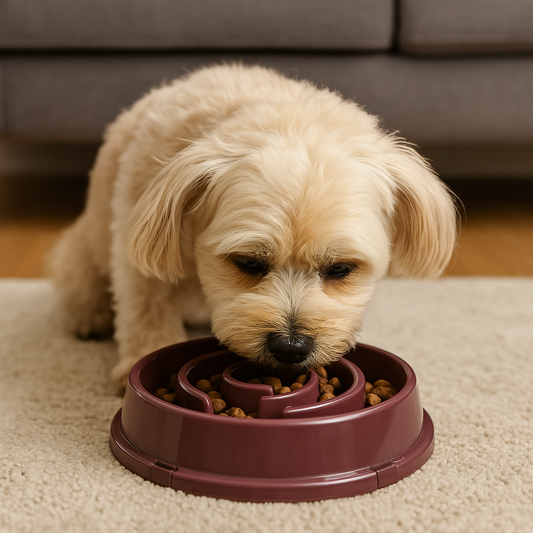 Gamelle anti glouton chien en forme de spirale violet petit chien entrain de manger dans le salon