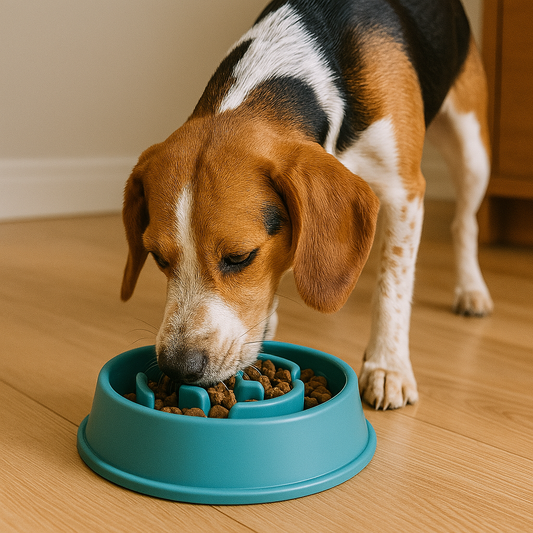 Gamelle anti glouton pour gros chien entrain de manger chien de chasse