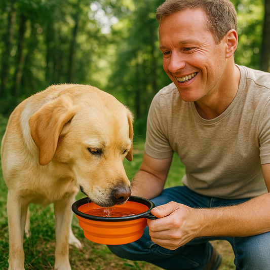 Gamelle chien pliable 350ml orange chien buvant avec son maitre a cote en foret