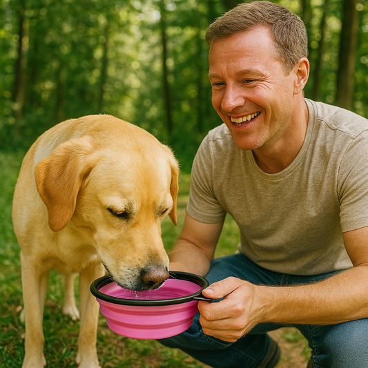 Gamelle chien pliable rose foncee labrador buvant avec son chien en foret