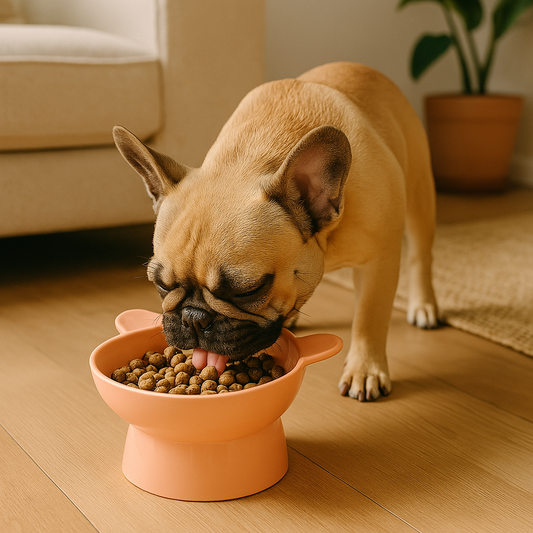 Gamelle chien surélevée Rose pale bouledogue qui mange