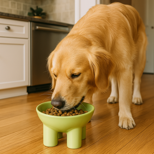 Gamelle chien surélevée vert pale golden dans une cuisine entrain de manger ses croquettes