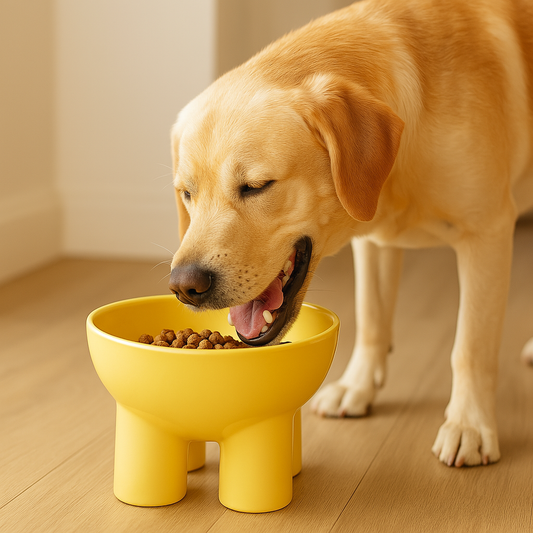 Gamelle chien surélevée jaune pale labrador qui mange dans sa gamelle