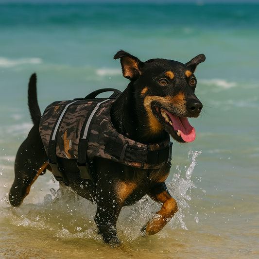 Gilet de sauvetage pour chien de couleur Militaire a la mer