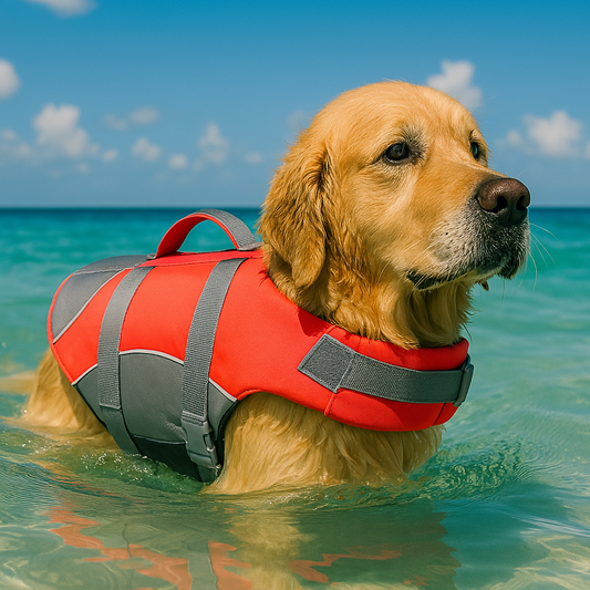 Gilet de sauvetage pour chien de couleur orange labrador dans l'eau