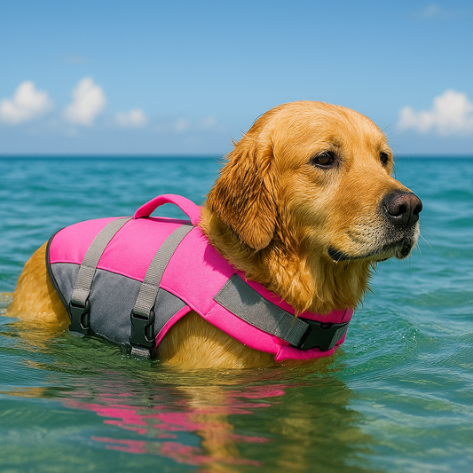 Gilet de sauvetage pour chien de couleur rose labrador dans l'eau