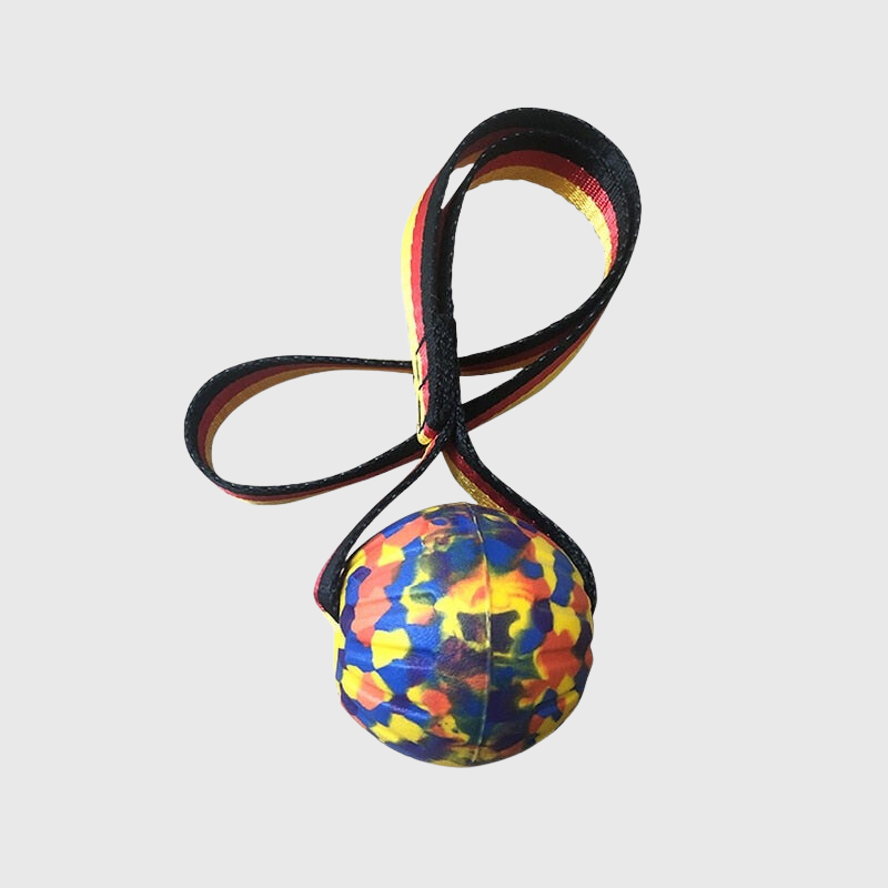Jouet balle en caoutchouc avec corde pour chien noir jaune bleu rouge