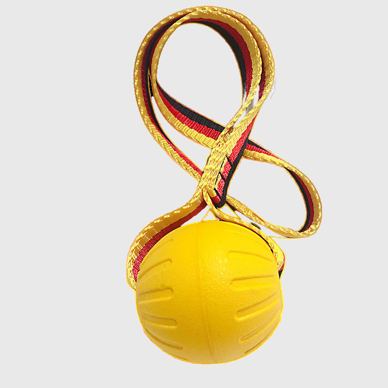 Jouet balle en caoutchouc avec corde pour chien jaune et corde multicolor