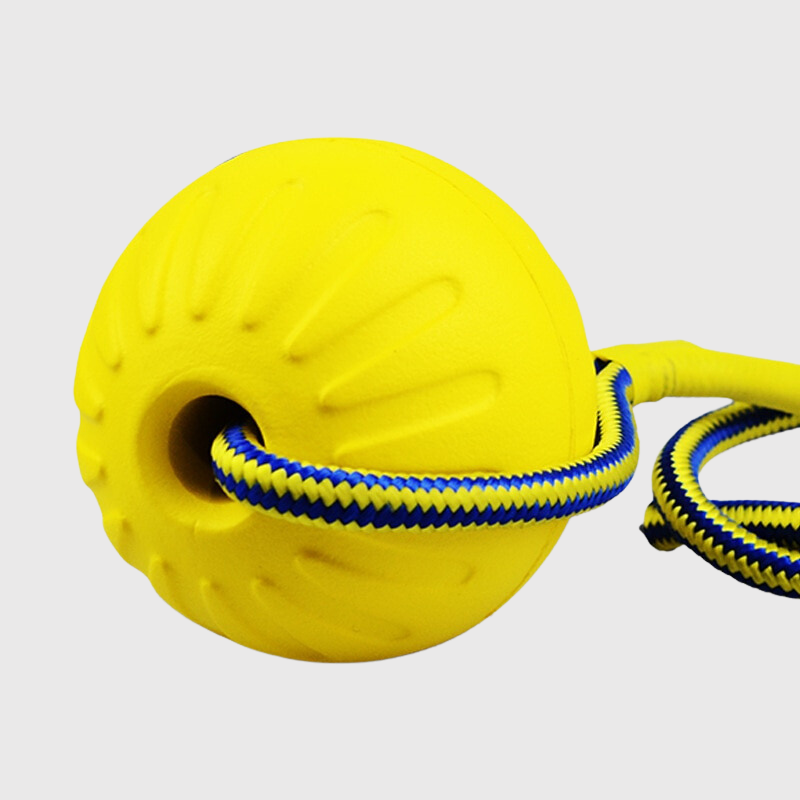 Jouet balle en caoutchouc avec corde pour chien zoom sur la balle jaune