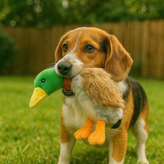 Jouet canard pour chien de chasse dans un jardin