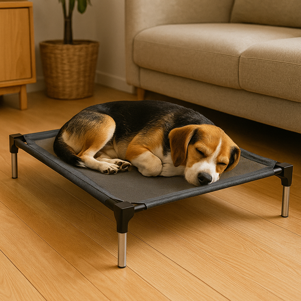 Lit de camp pour chien xxl avec chien dormant dessus