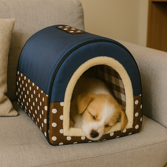 Niche d'intérieur pour chien bleu et marron avec chiot qui dort
