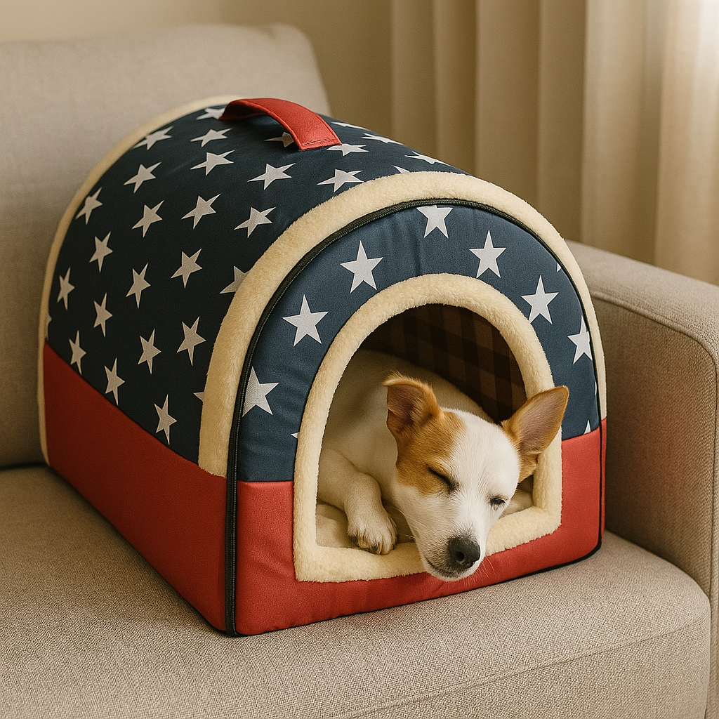 Niche d'intérieur pour chien couleur américaine avec jack russel qui dort dedans