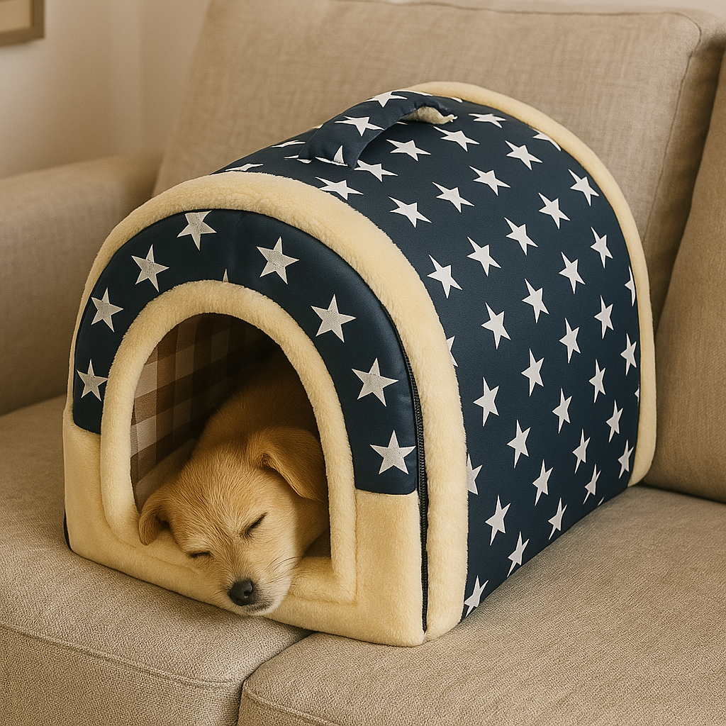 Niche d'intérieur pour chien à étoiles avec chiot qui dort dedans
