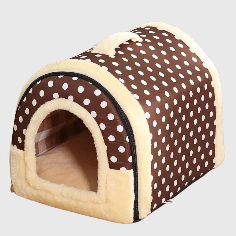 Niche d'intérieur pour chien marron à pois blanc