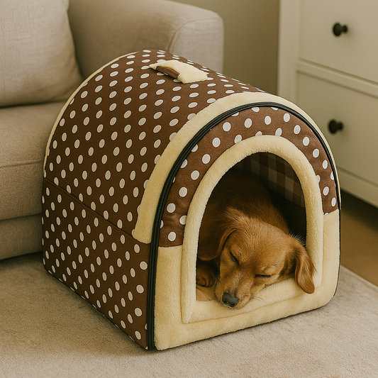 Niche d'intérieur pour chien marron à pois blanc petit chien qui dort