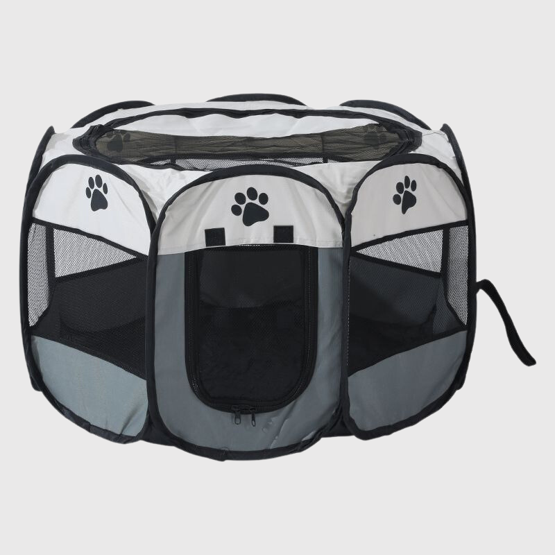 Parc enclos pliable en tissu pour chien gris et blanc