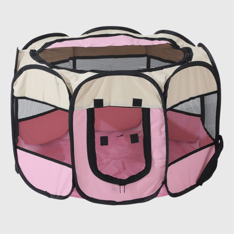 Parc enclos pliable en tissu pour chien rose et blanc