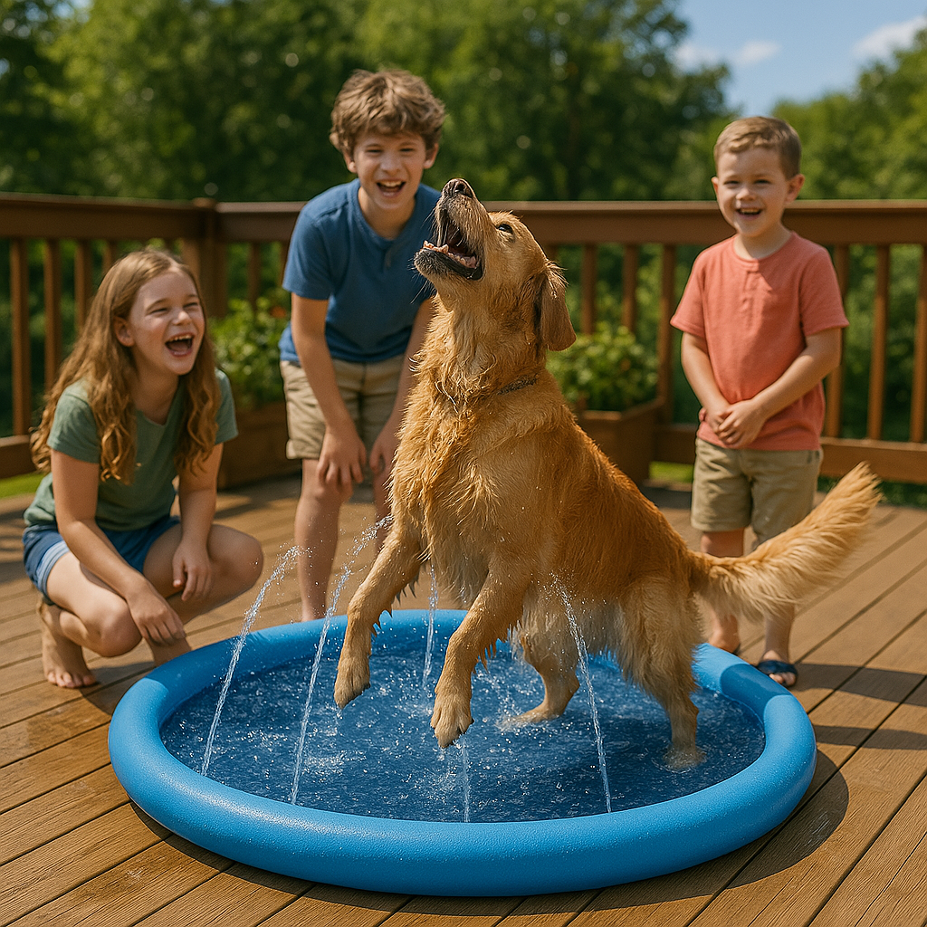 Piscine pour chien avec jet labrador et enfants heureux