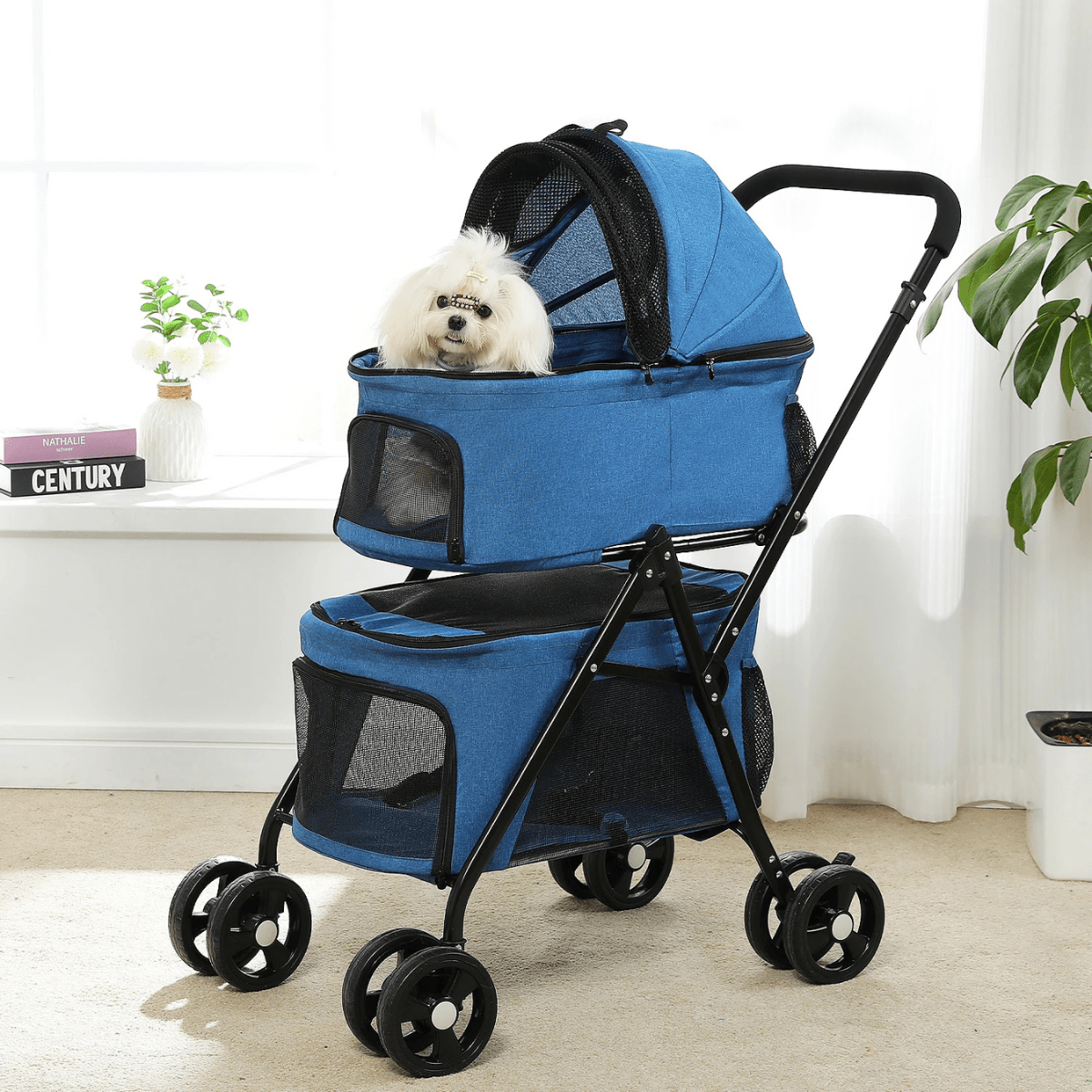 Poussette pour chien pliable bleu