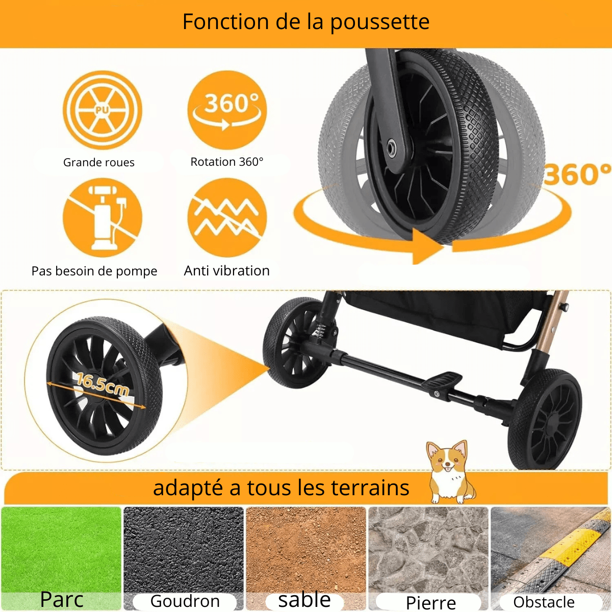 Poussette pour chien tout terrain fonction