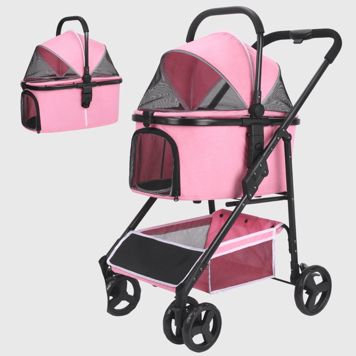 Poussette pour vieux chien rose