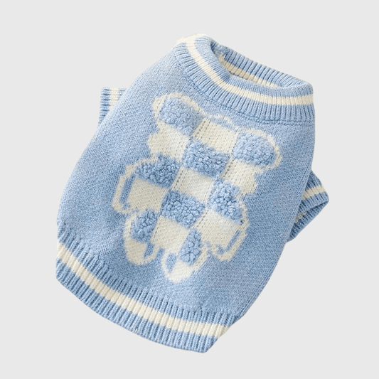 Pull pour chien en laine en forme d'ours à carreaux bleau
