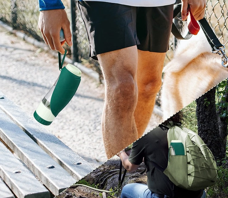 Gourde avec gamelle pour chien modele vert en verre et plastique en randonnée