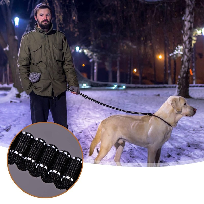 Laisse pour chien elastique avec un homme et un chien dans la neige et la laisse reflete dans la nuit