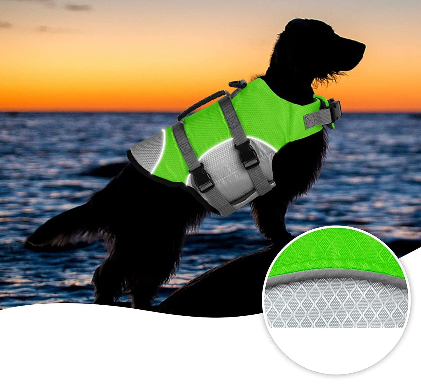 Gilet de flottaison pour chien au coucher du soleil avec zoom sur la couture