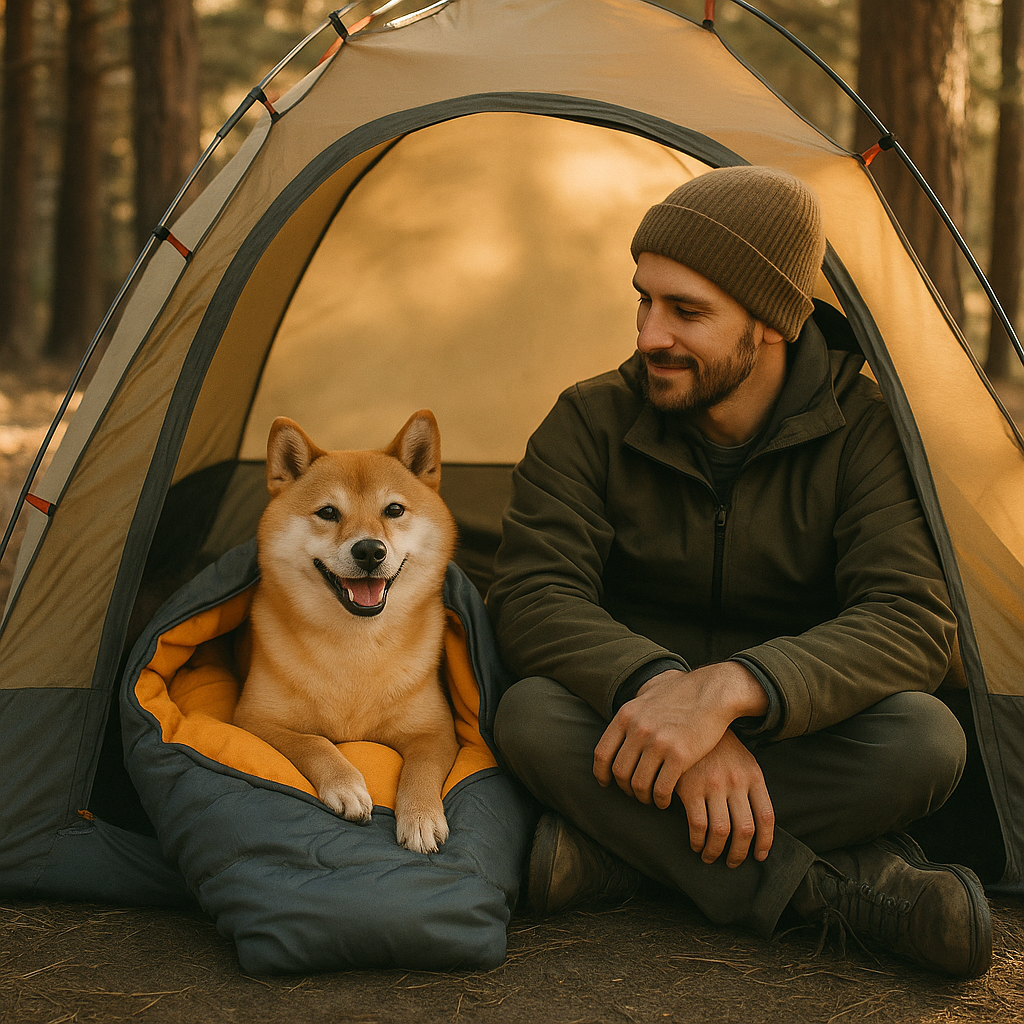 Sac de couchage chien en foret avec son maitre