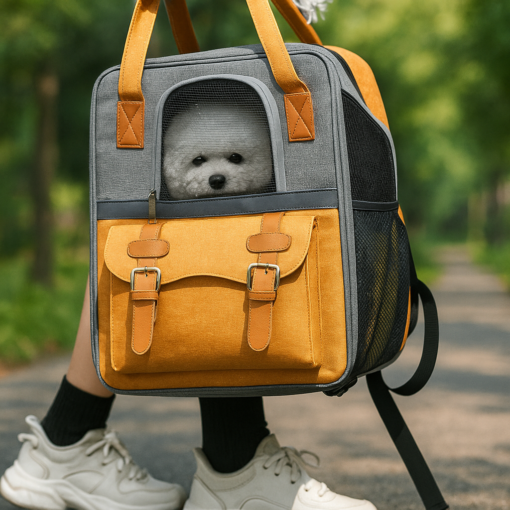 Sac à dos pour petit chien dans un parc
