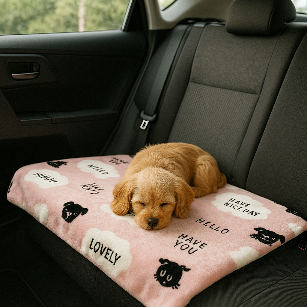 Tapis chien pour voiture exemple dans une voiture avec un chiot