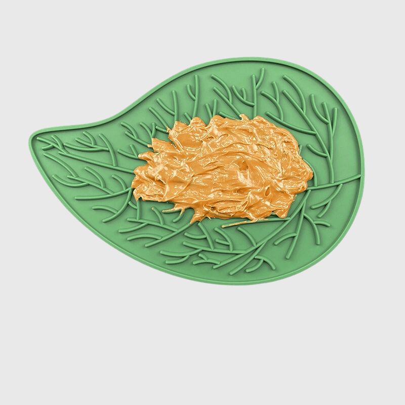 Tapis de lechage chien feuille vert avec croquette dessus