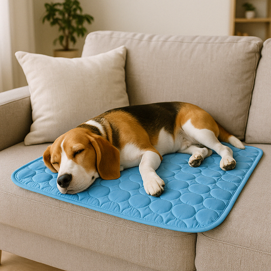 Tapis pour chien lavable bleu avec chien dessus sur un canapé