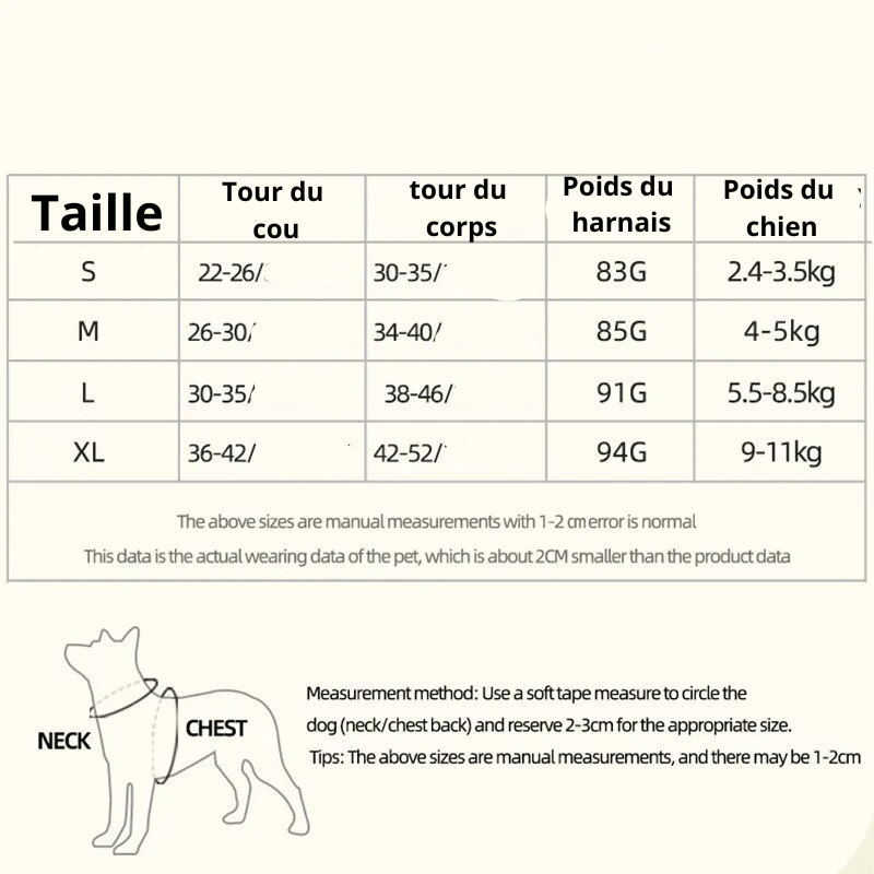 harnais ajustable pour chien taille