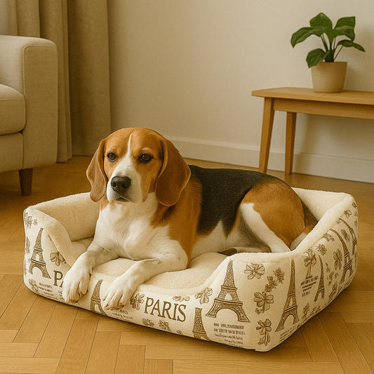 panier relaxant pour chien beige avec un chien de chasse dedans qui se repose