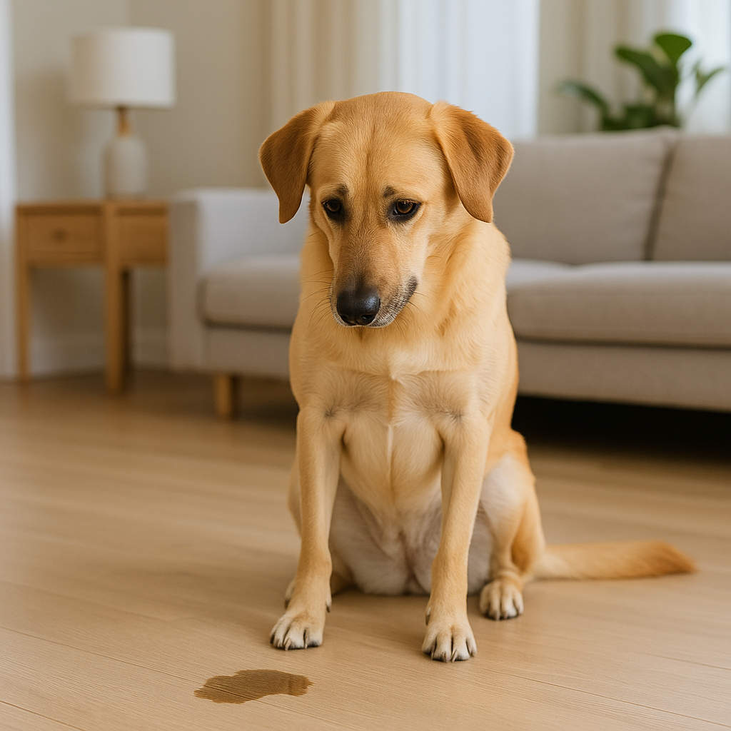 Chien dans un salon propre après un accident de propreté, illustration des besoins du chien dans la maison
