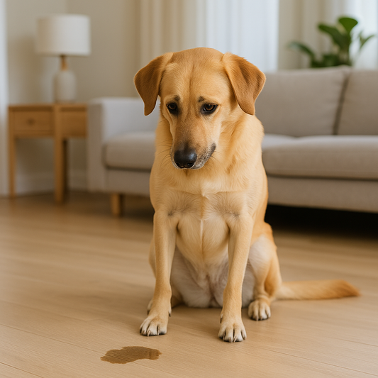 Chien dans un salon propre après un accident de propreté, illustration des besoins du chien dans la maison