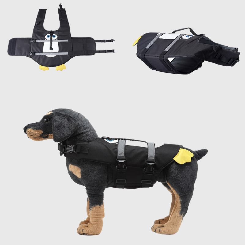 Gilet de sauvetage pour chien requin noir et jaune